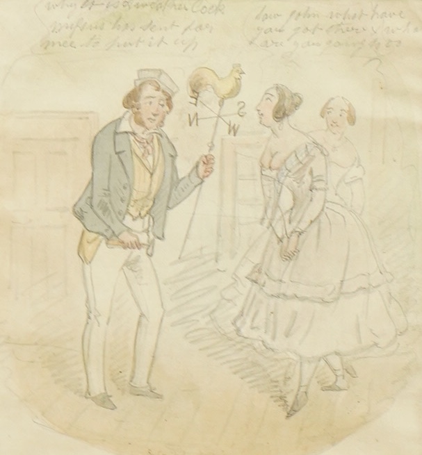 Robert Cruikshank (1789-1856), humorous figural scene, signed and inscribed, watercolour and pencil, 15 x 14cm